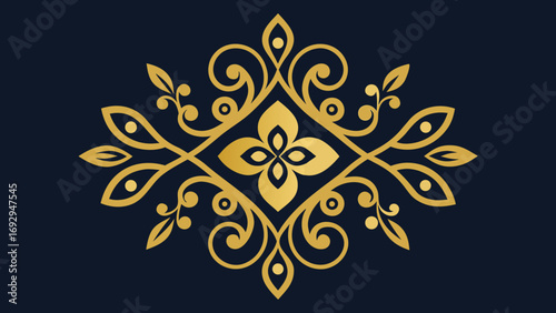 Elegant Golden Floral Ornament with Swirls and Leaves on Dark Blue Background decorative