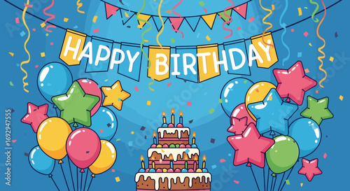 Festive cartoon birthday celebration with a three-tiered cake, colorful balloons, and a Happy Birthday banner.