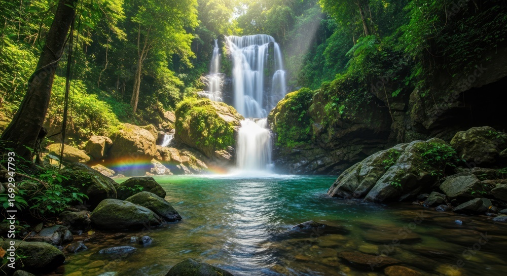Naklejka premium Sunlit waterfall cascading into a vibrant green pool, surrounded by lush rainforest foliage.