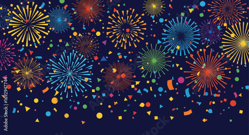 Festive display of colorful, stylized fireworks and geometric confetti against a dark blue background.