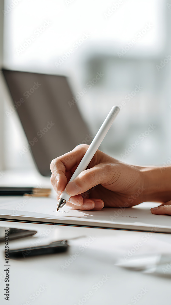 Naklejka premium Hand holding white pen writing on paper with laptop in background notebook