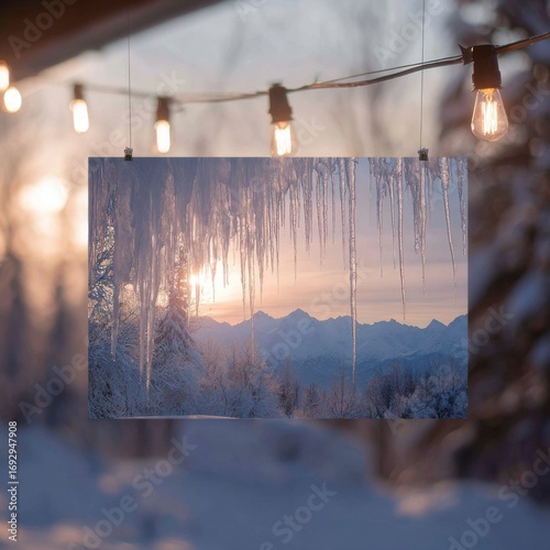Winter sunset over frosted mountain peaks