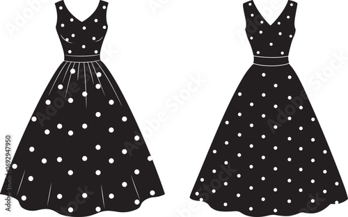 Two vintage black polka dot swing dresses silhouette on white background