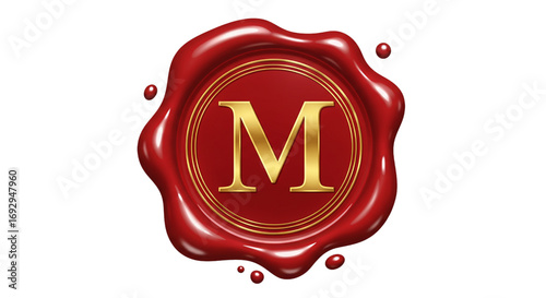 red and gold wax seal with letter m isolated on white background vector  