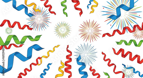 Festive illustration of colorful curling serpentine streamers and vibrant firework bursts.