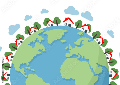 Houses and trees circling on planet earth, Northern Hemisphere, illustrating global community, sustainability, and worldwide real estate or environmental concept for design.