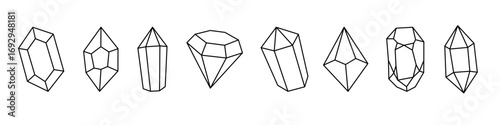 Outline magical stones. Mystical, esoteric, magic or healing crystals. Magic gem stones, diamond and jewel crystals. Vector illustration