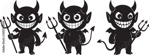 Three cartoon devils with pitchforks and horns silhouette
