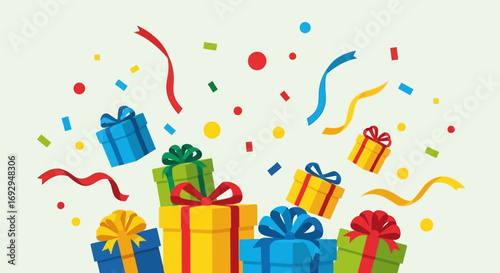 Festive pile of colorful wrapped gift boxes with bows and ribbons, surrounded by falling confetti and streamers.
