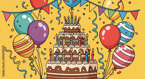 Festive Three-Tier Chocolate Birthday Cake with Lit Candles
