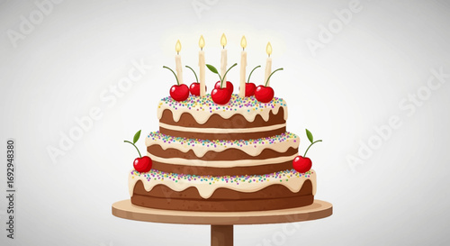 Festive three-tiered chocolate birthday cake with dripping white icing, colorful sprinkles, red cherries, and five lit candles on a stand.