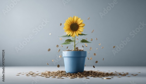 Sunflower in a pot, coins raining down