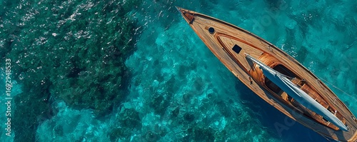 Boat Sailing Over Clear Turquoise Water Near Coral Reef During Bright Midday Sun