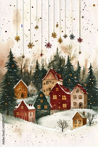 Winter Landscape With Quaint Houses and Festive Decorations in a Snowy Setting.