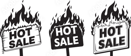 Three hot sale signs with flames silhouette against white background