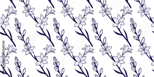 Seamless lily flower pattern with elegant hand-drawn blossoms and leaves, botanical floral design for textile, wallpaper, packaging, wrapping, wedding, and decorative background.