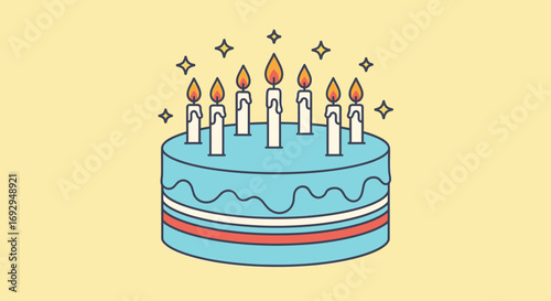 Illustrated blue birthday cake with seven lit candles, melting wax, and celebratory sparkles.