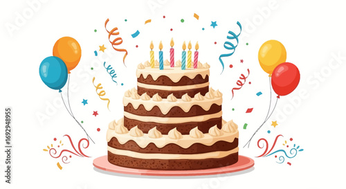 Illustrated three-tier chocolate birthday cake with cream frosting, lit candles, colorful balloons, and festive confetti.