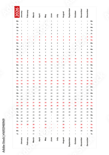 One row vertical calendar 2026, monday first day of the week.