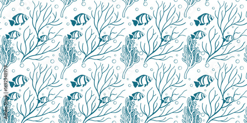 Seamless marine pattern with tropical fish and coral branches, hand-drawn underwater sea life design for textile, wallpaper, packaging, wrapping, and ocean-themed background.