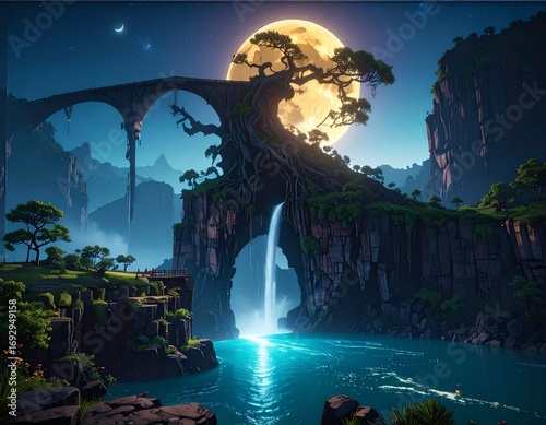 Fantasy Moonlit Bridge with Waterfall and Enchanted River
