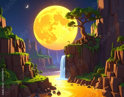 Fantasy Landscape with Golden Moon, Waterfall and River