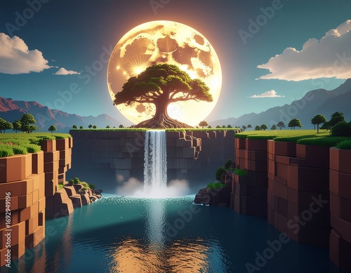 Fantasy Landscape with Glowing Full Moon, Waterfall, and Tree on Cliff