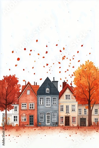 Charming Autumn Landscape With Colorful Houses and Falling Leaves in a Peacef...