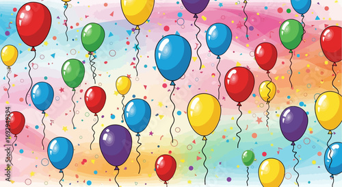 Vibrant Assortment of Colorful Balloons Floating Amidst Confetti