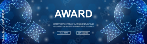 Award polygonal symbol for promotion banner. Reward horizontal low poly poster illustration. Quality guarantee design template