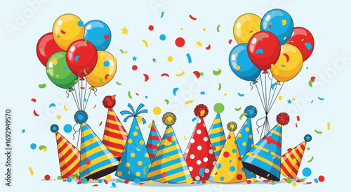 Vibrant cartoon party elements: colorful balloons, patterned conical hats with pom-poms, and scattered confetti
