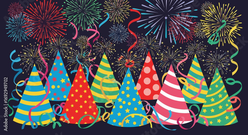 Vibrant celebration with colorful patterned party hats, confetti, and exploding fireworks.