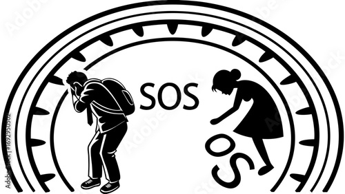 Silhouette of people under a curved frame with sos message in black and white design concept art