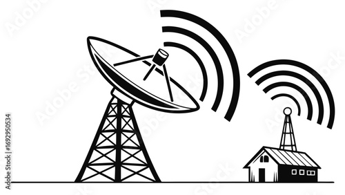 Illustration of a satellite dish on a tower and a smaller antenna on a building emitting signals