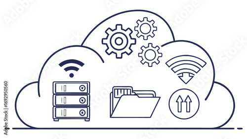 Cloud computing vector with data storage icons, server, folder, WiFi, gears, and upload download arrows technology concept.