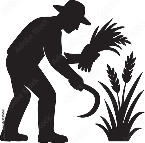 Farmer harvesting crops silhouette vector for agriculture, rural life, farming, harvest, and tradition.