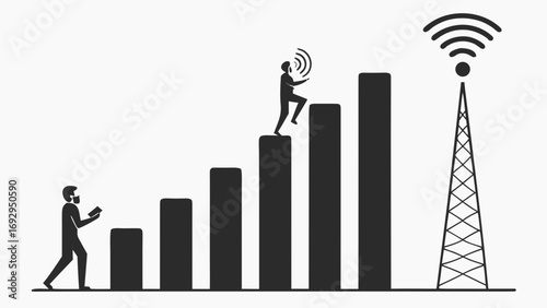 Silhouette of people climbing signal bars towards a communication tower with wifi signal icon above it