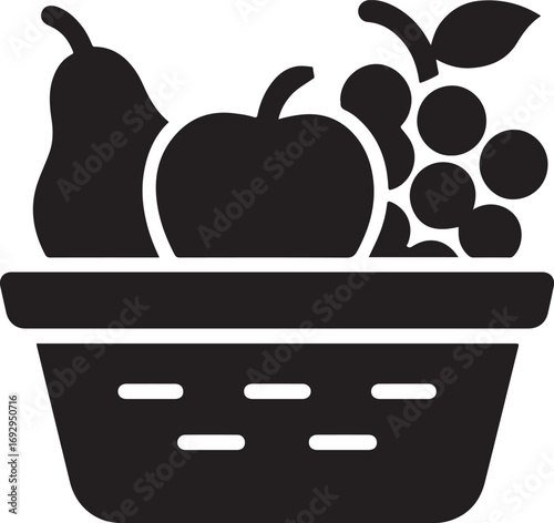 Fruits basket icon silhouette vector with healthy food, nutrition, organic produce, farm, and nature.