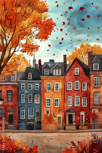 Autumn Streetscape With Colorful Houses and Falling Leaves in a Vibrant Urban...