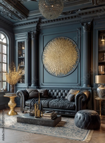 Elegant Living Room With Dark Blue Walls and Luxurious Decor in a Classic Style
