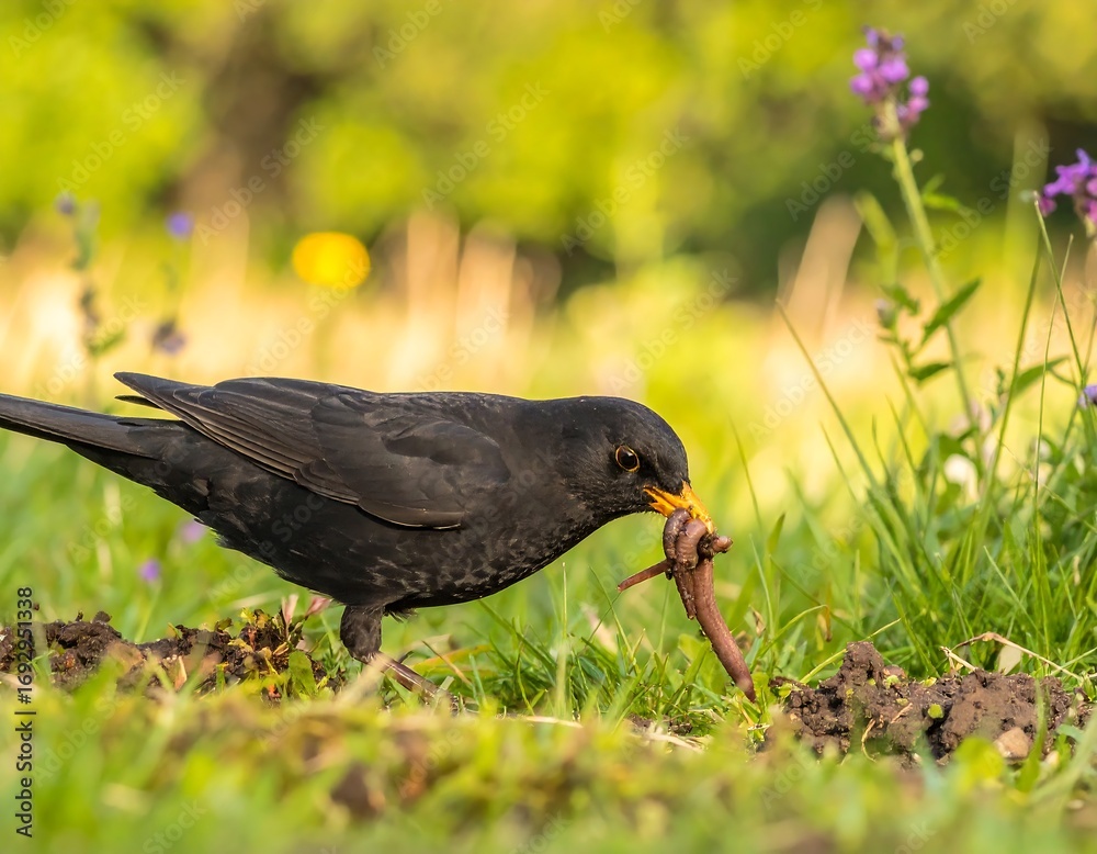 Obraz premium Blackbird eating earthworm in garden