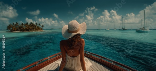 Relaxing on a Boat in Clear Waters Near Islands Under a Sunny Sky.