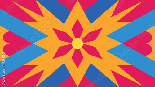 Geometric Abstract Pattern With Starbursts And Hearts In Bright Colors symmetrical colorful
