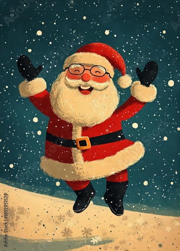 Santa Claus Joyfully Celebrating in Snowy Landscape With Falling Snowflakes.