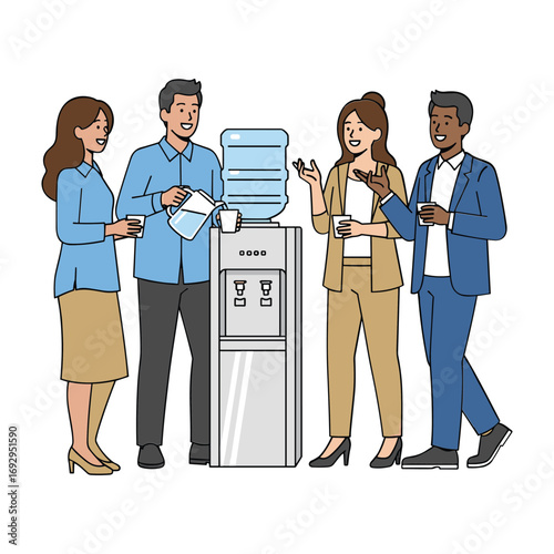 Four diverse people in business attire gathered around a water cooler office break