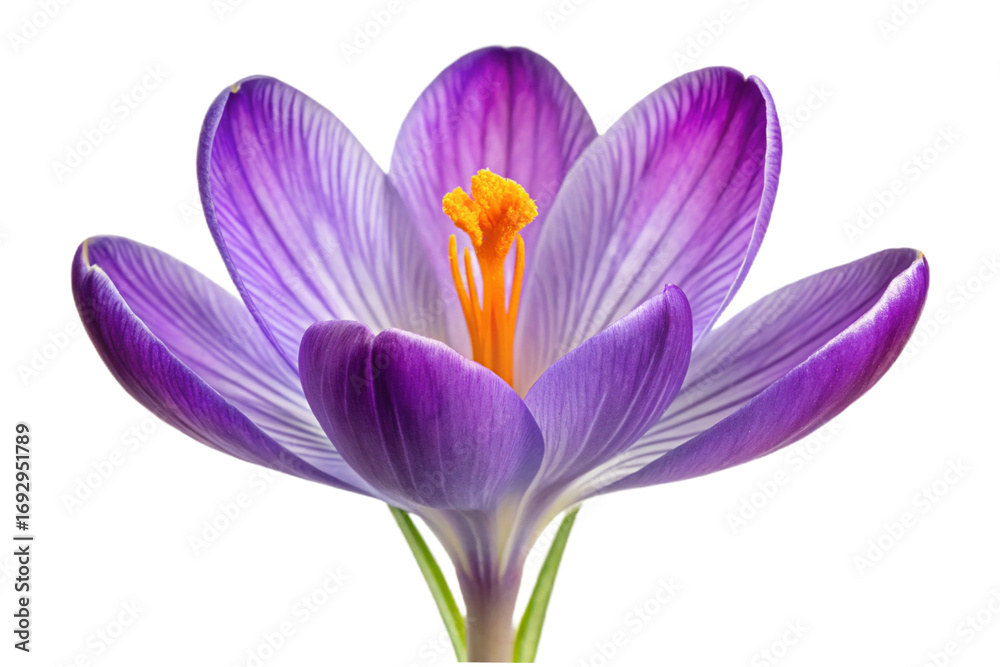 Naklejka premium Vibrant purple crocus flower isolated petals bright yellow stamen close up macro detail transparent background
