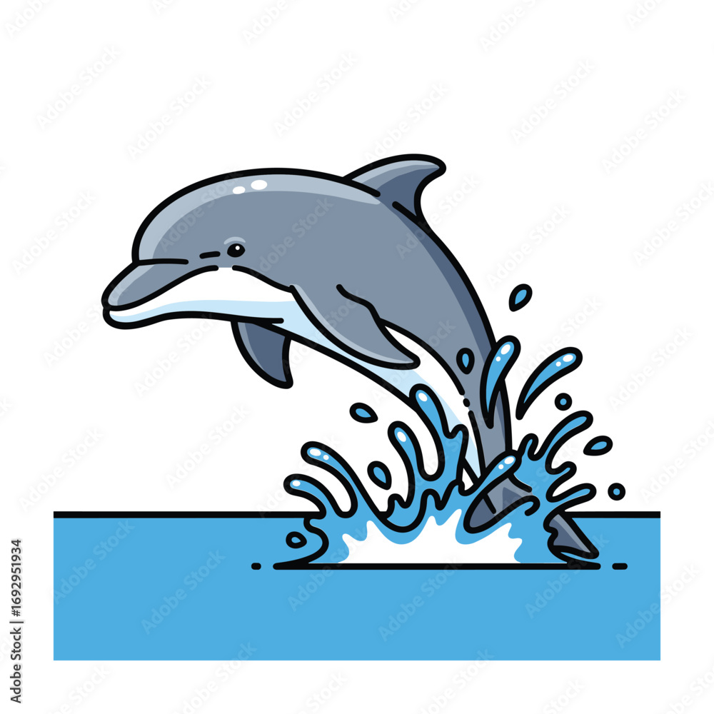 Obraz premium Cartoon gray dolphin leaping from bright blue water with splashes jumping