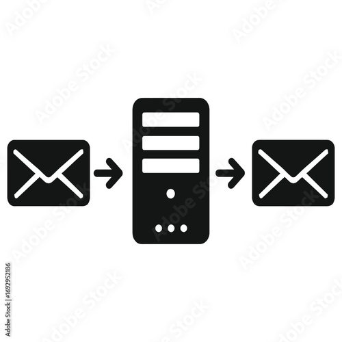 Illustration of two envelopes with arrows pointing to a server in the middle on a white background