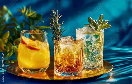 Colorful Mixed Drinks on a Metallic Tray With Herbs and Floral Accents in Bri...