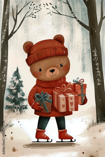 Cute Bear Ice Skating With Christmas Gifts in a Snowy Forest During Winter.